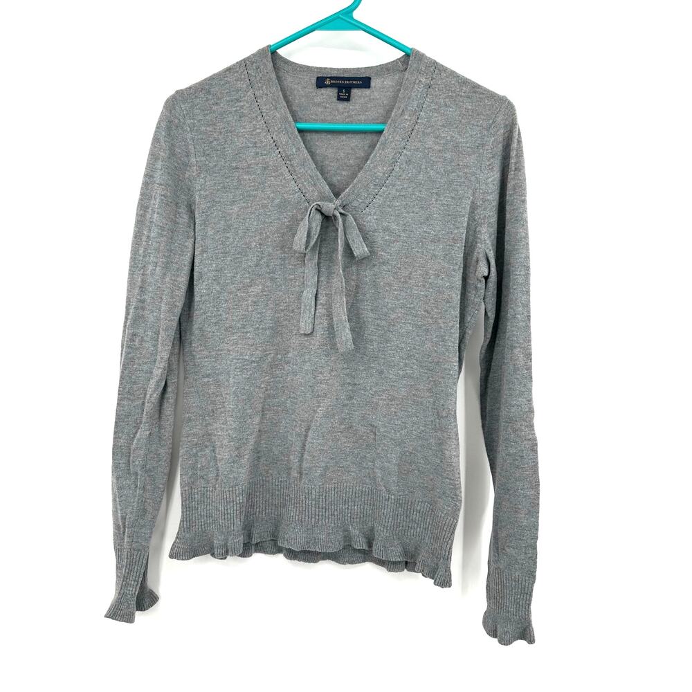 Brooks Brothers Size S Long Sleeve‎ V-Neck Pullover Gray Tie Front Sweater Wool